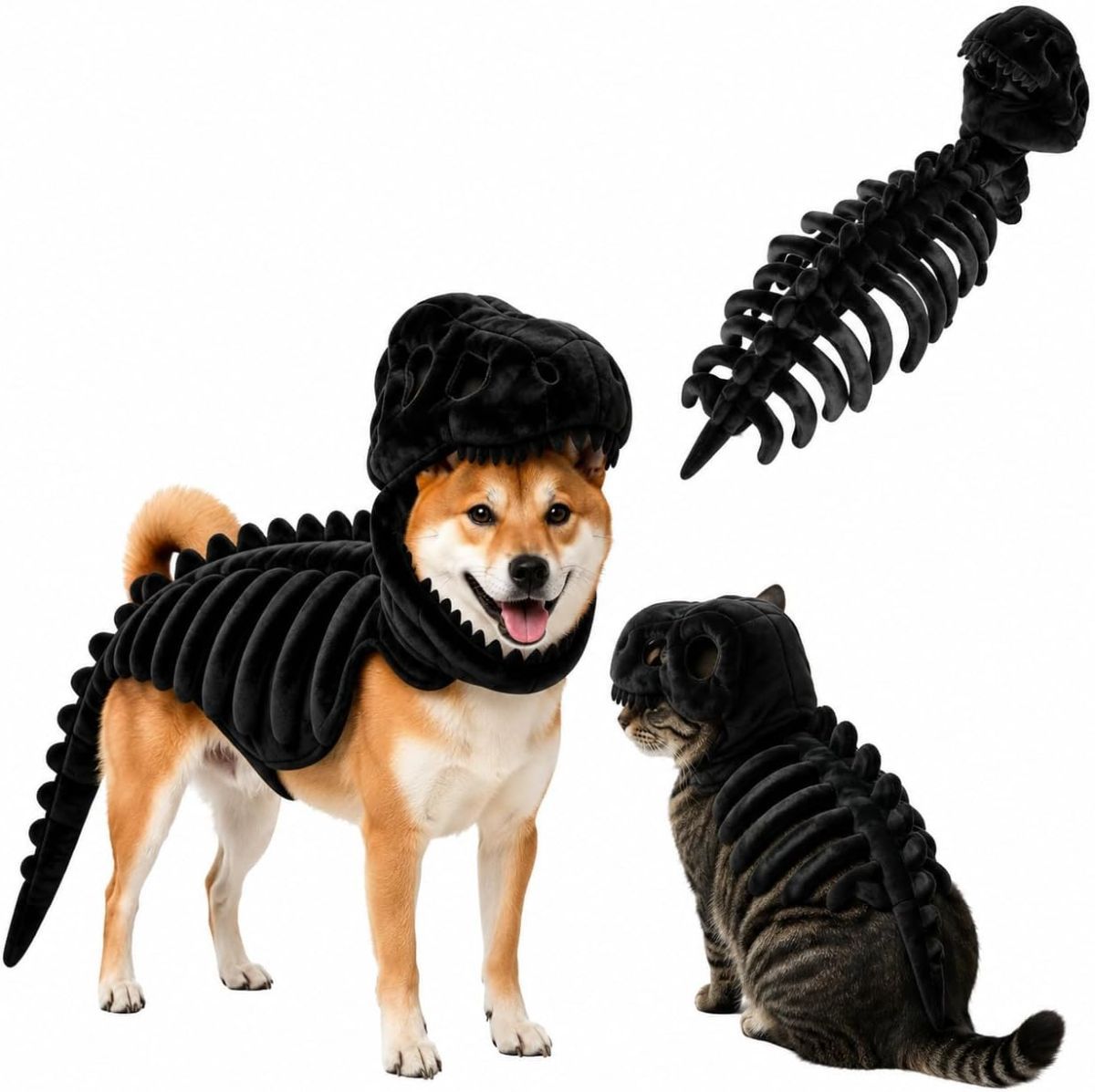 Dinosaur Skeleton Glow in Dark Dog and Cat Costume,Pet Dinosaur Costume,Plush Halloween Pet Hood Outfit - Black - Size 47.2in-0