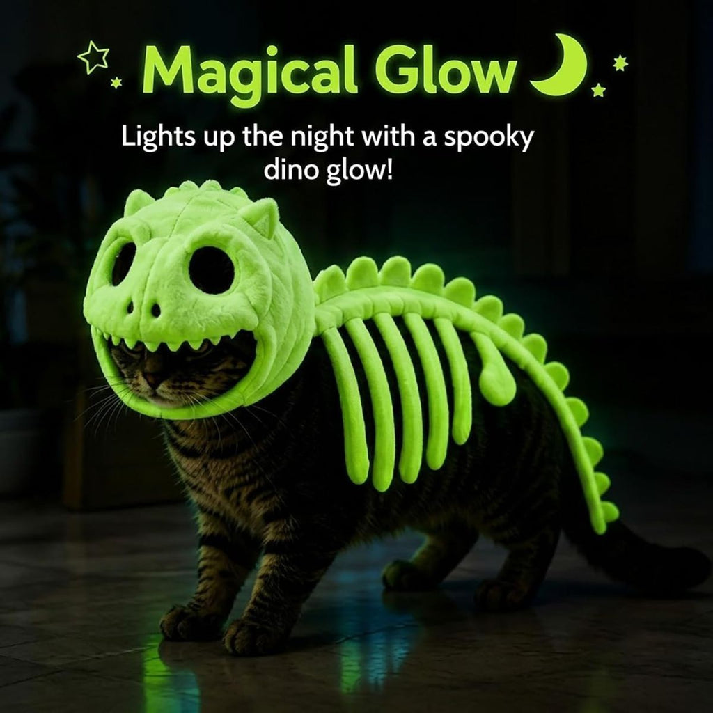 Dinosaur Skeleton Glow in Dark Dog and Cat Costume,Pet Dinosaur Costume,Plush Halloween Pet Hood Outfit - Black - Size 47.2in-3