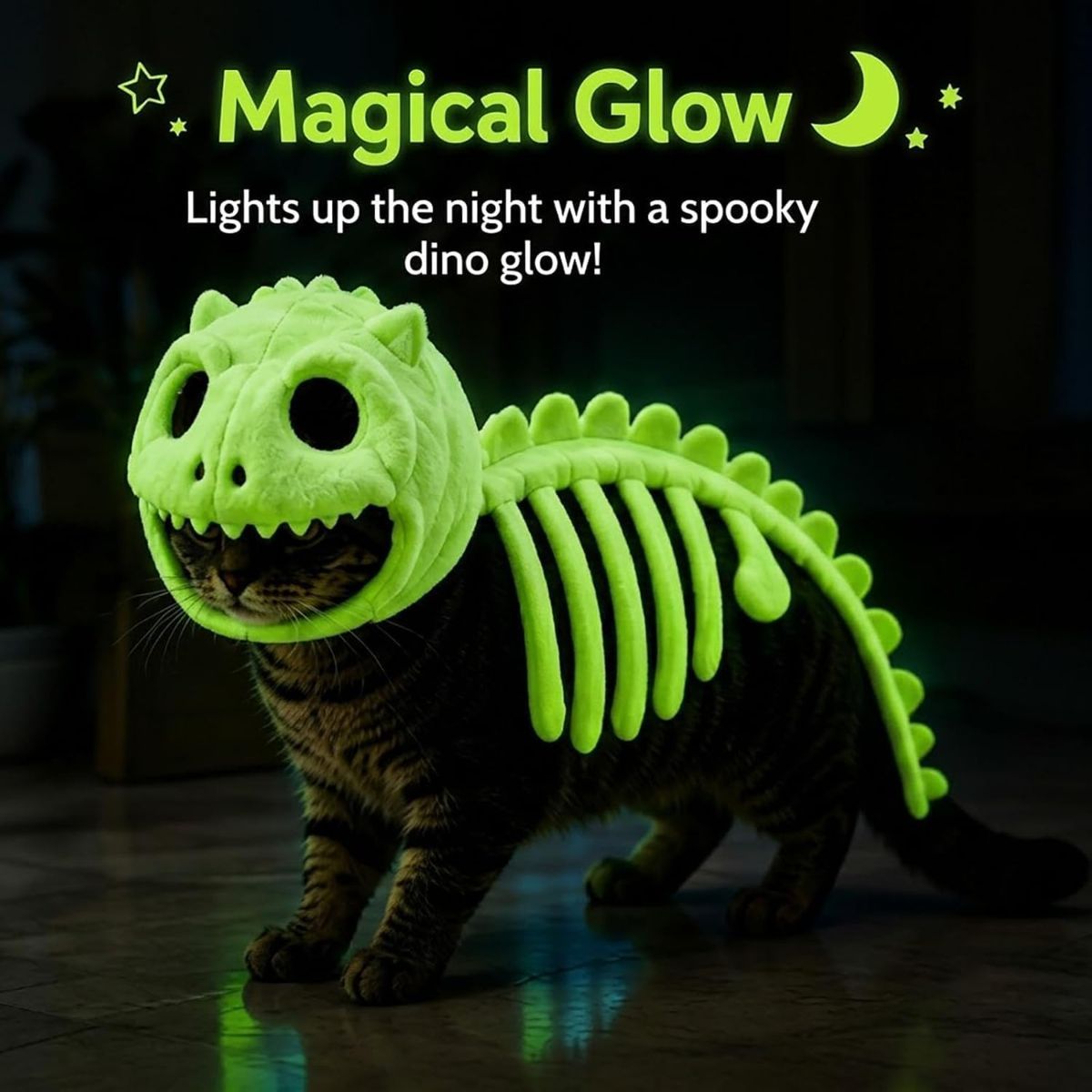 Dinosaur Skeleton Glow in Dark Dog and Cat Costume,Pet Dinosaur Costume,Plush Halloween Pet Hood Outfit - Black - Size 47.2in-3