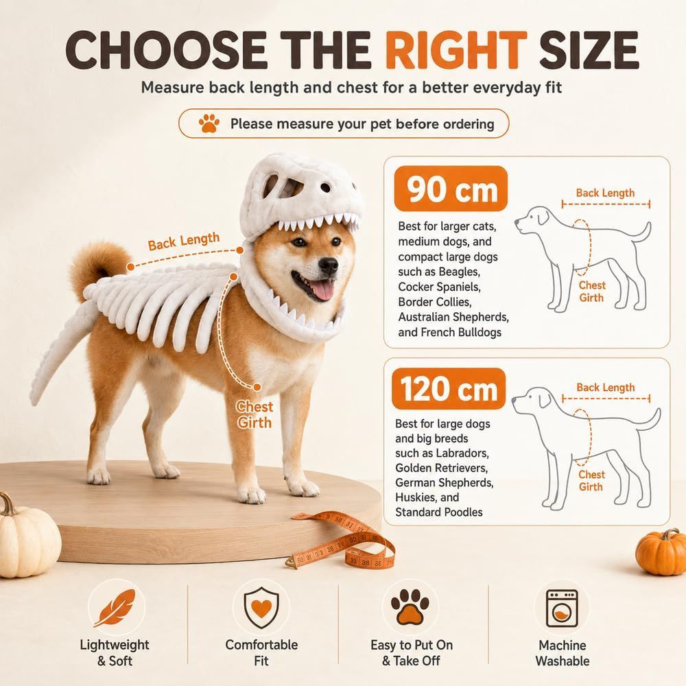 Dinosaur Skeleton Glow in Dark Dog and Cat Costume,Pet Dinosaur Costume,Plush Halloween Pet Hood Outfit - Gray - Size 47.2in-2