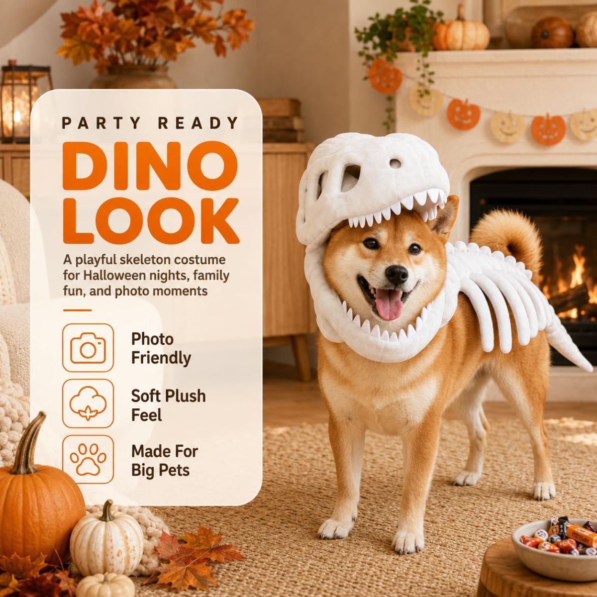 Dinosaur Skeleton Glow in Dark Dog and Cat Costume,Pet Dinosaur Costume,Plush Halloween Pet Hood Outfit - Gray - Size 47.2in-4