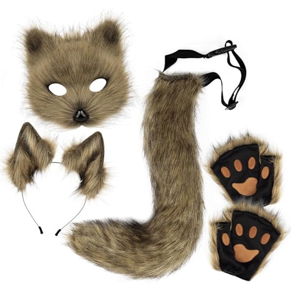 Green Plush Fox Tail and Ears Set with Cat Ears Paw Gloves Halloween Cosplay Costume-0