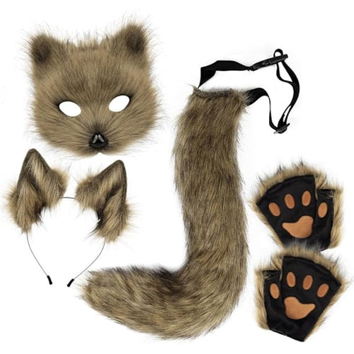Green Plush Fox Tail and Ears Set with Cat Ears Paw Gloves Halloween Cosplay Costume-0