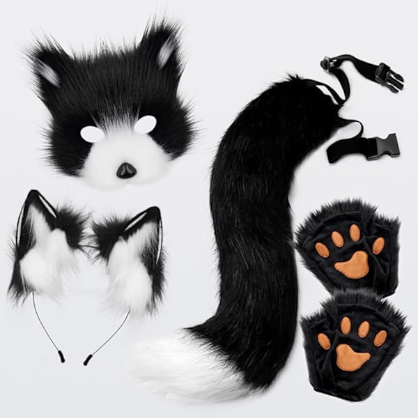 Green Plush Fox Tail and Ears Set with Cat Ears Paw Gloves Halloween Cosplay Costume-2