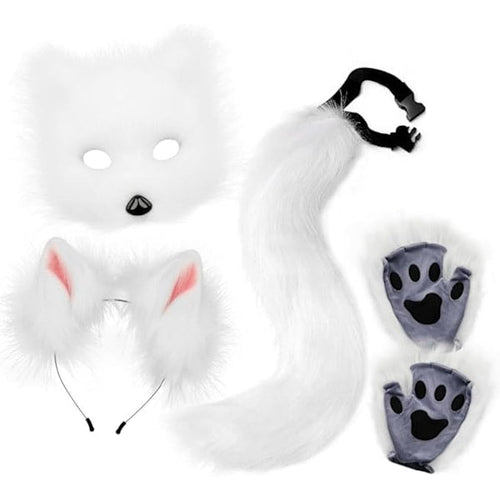Plush mask with fox tail and ears set, cat tail fox costume cosplay costume with cat ears and paw gloves halloween cosplay white High quality () white-0