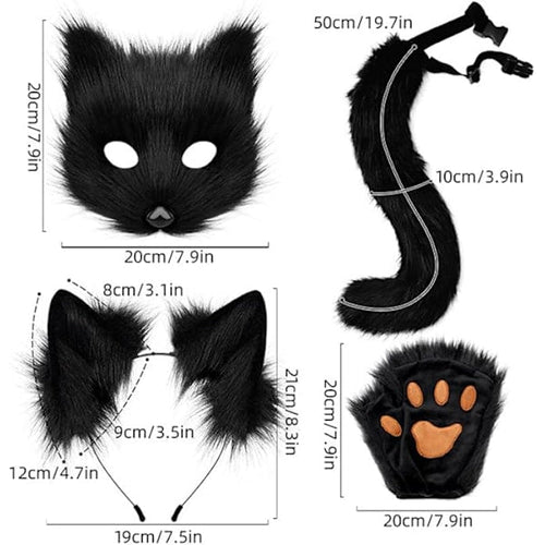 Plush mask with fox tail and ears set, cat tail fox costume cosplay costume with cat ears and paw gloves halloween cosplay white High quality () white-1