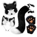 NNEDSZ Black and white Halloween Furry Fox Costume Set - Plush Mask, Ears Headband, Tail, and Paws for Cosplay-0