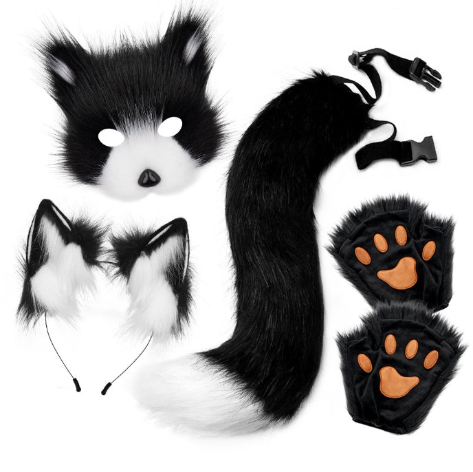 NNEDSZ Black and white Halloween Furry Fox Costume Set - Plush Mask, Ears Headband, Tail, and Paws for Cosplay-0