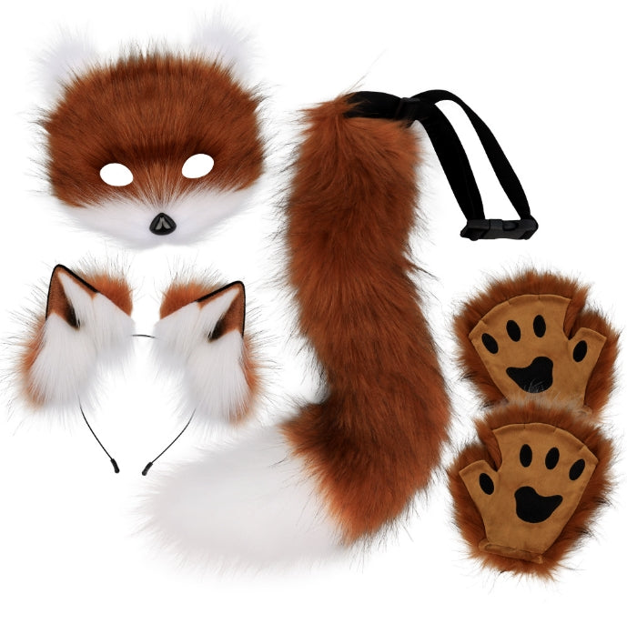 NNEDSZ Reddish-brown Halloween Furry Fox Costume Set - Plush Mask, Ears Headband, Tail, and Paws for Cosplay-0