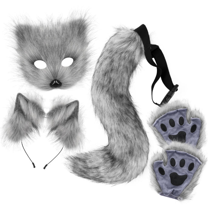 NNEDSZ Dark grey Halloween Furry Fox Costume Set - Plush Mask, Ears Headband, Tail, and Paws for Cosplay-0